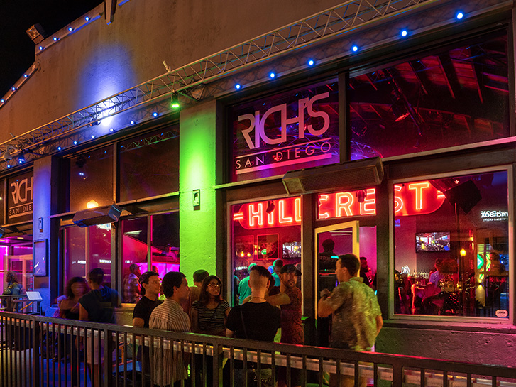 Outdoor patio of Rich's in Hillcrest at night