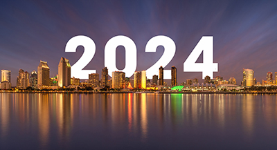 Nighttime San Diego CA skyline with 2022 superimposed - Happy New Year!