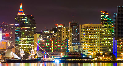Colorful night skyline of San Diego CA during annual Parade of Lights