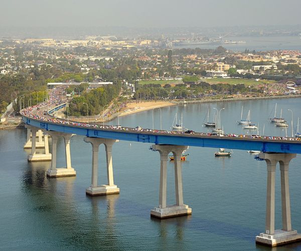 aerial view of the Coronado bridge and the San Diego bay