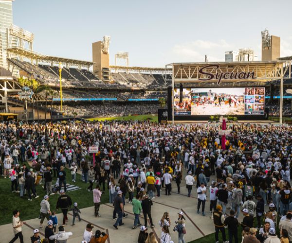 An aerial view of Petco Park's Gallagher square during a Padres game