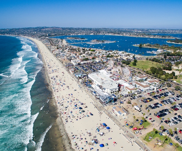 Aerial of Belmont Park at Mission Beach with Mission Bay in the background