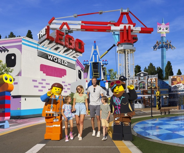 Family with LEGO characters at LEGO Movie World at LEGOLAND California Resort in San Diego