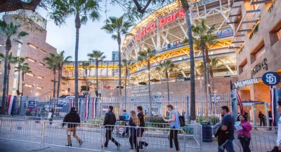 Petco Park exterior with people entering the stadium