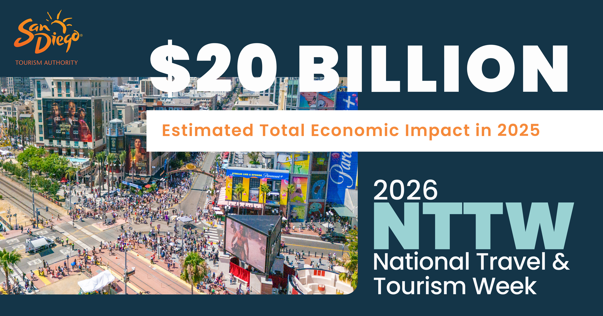 Crowd in a busy area with colorful signage, promoting $20 billion economic impact for 2026 tourism.