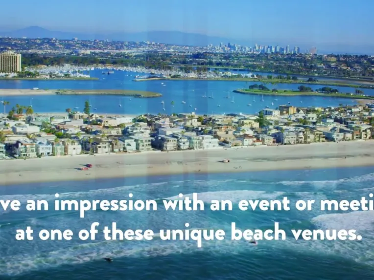 Aerial view of a coastal city with beaches, waterfront homes, and blue water; text reads, "Leave an impression with an event or meeting at one of these unique beach venues.