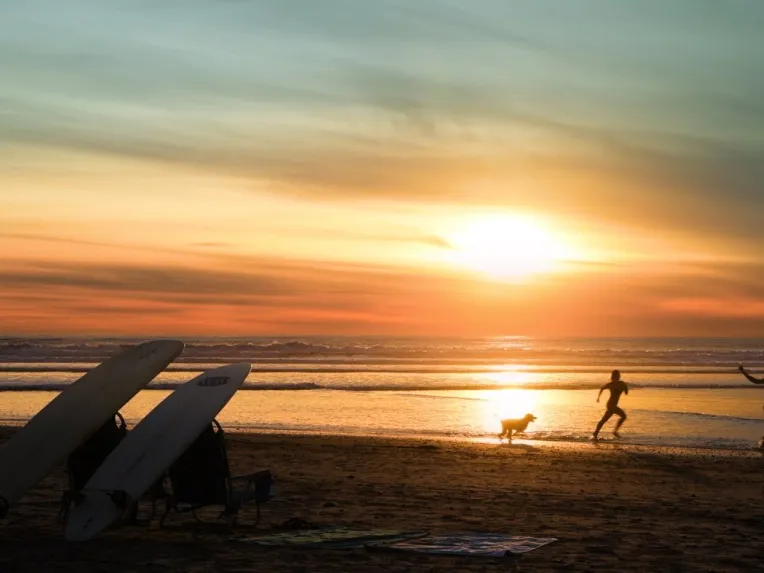 Three surfboards rest on the sand as two people and a dog play near the shore at sunset, with the ocean and colorful sky in the background.