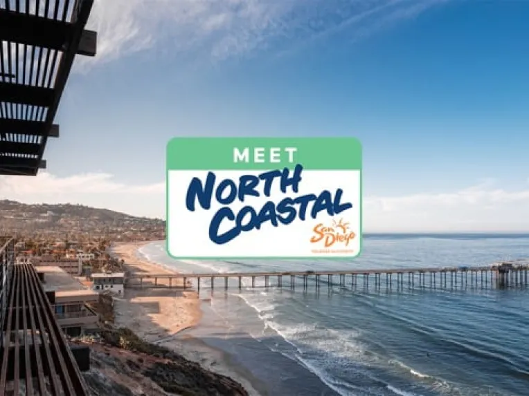 View of a coastal pier extending into the ocean with seaside houses; a sign in the center reads "Meet North Coastal San Diego.