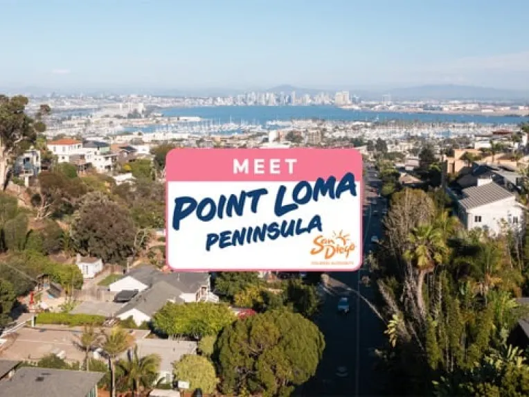 Aerial view of a residential neighborhood in Point Loma, with downtown San Diego and the bay in the background; text overlay reads "Meet Point Loma Peninsula San Diego.