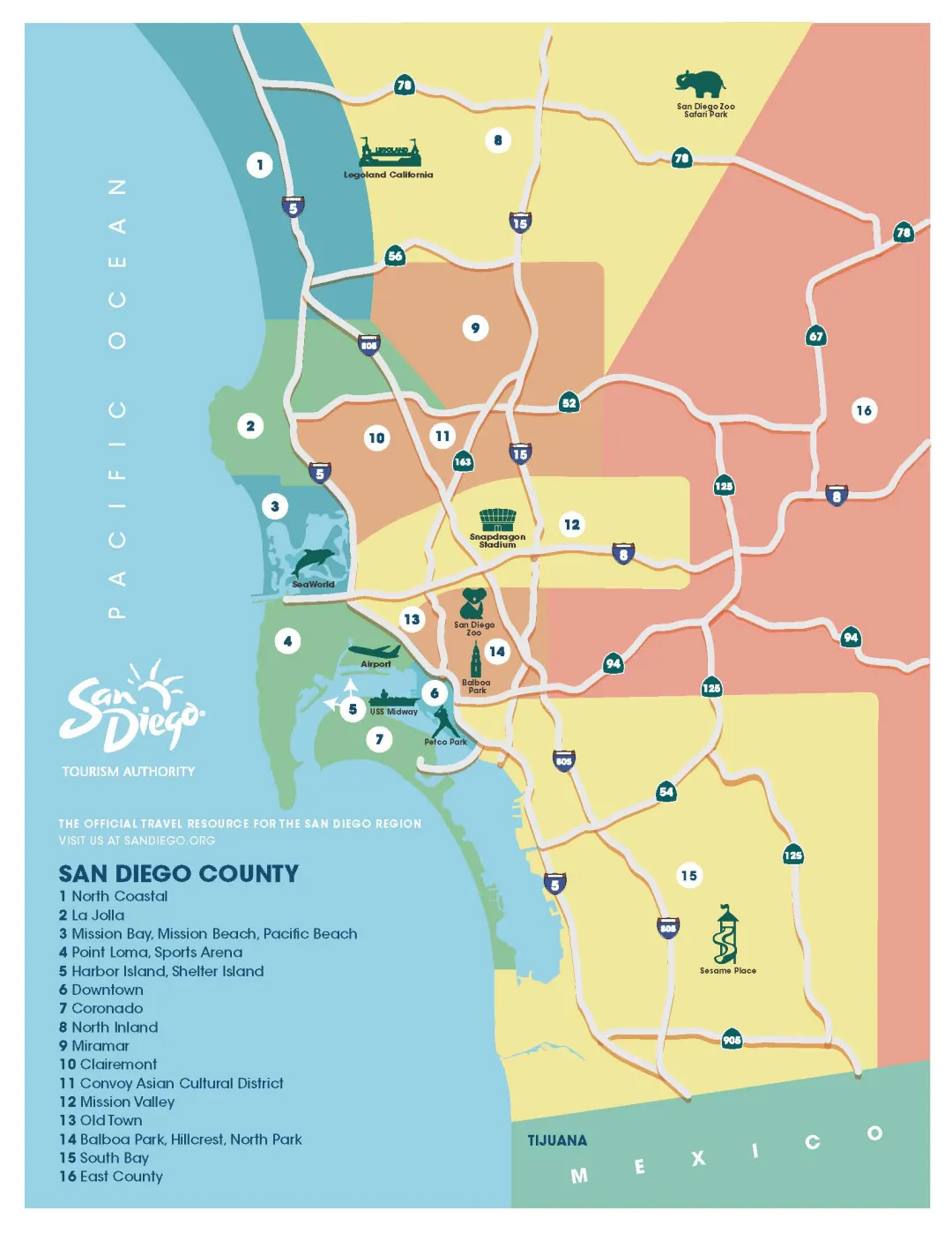 Map of San Diego County showcasing various attractions and routes.