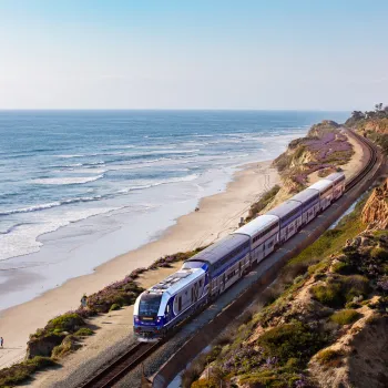 Pacific Surfliner Amtrak train heading south to San Diego with a gorgeous view of the water