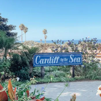 A view of the Cardiff-By-The-Sea sign with the ocean in the background.