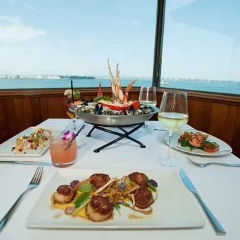Seafood plates at Top of the Market restaurant overlooking San Diego Bay