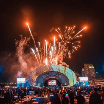 Fireworks over the Rady Shell at Jacobs Park during an event in San Diego