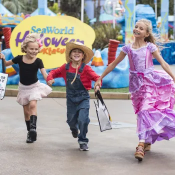 Three kids walking down the street at SeaWorld San Diego in costumes during Spooktacular