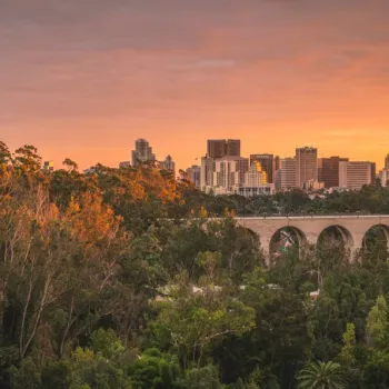 San Diego skyline at sunset with trees in the foreground, a historic viaduct, and an airplane flying in the orange sky.