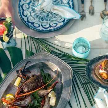 A table set with seafood, tacos, guacamole, blue and white plates, drinks with ice and lime, and cutlery, seen from above. A hand reaches for a red cocktail.