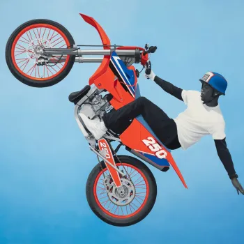 A person performs a wheelie on a red and blue motorcycle against a blue background, in this image of a work by Amy Sherald that's part of the "Giants" art exhibit co-organized by Alicia Keys at the Museum of Contemporary Art San Diego in La Jolla.