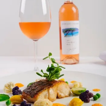 A plated fish fillet with assorted vegetables and orange sauce, accompanied by a glass and bottle of rosé wine on a white table.