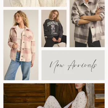 Collage of women modeling new clothing arrivals, including plaid jackets, a fluffy sweater, a "Champagne" sweatshirt, and patterned loungewear, with "New Arrivals" text in the center.