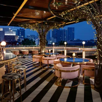 Rooftop bar at dusk with round tables, pink velvet chairs, black and white striped flooring, overhead wooden canopy, and city buildings in the background.