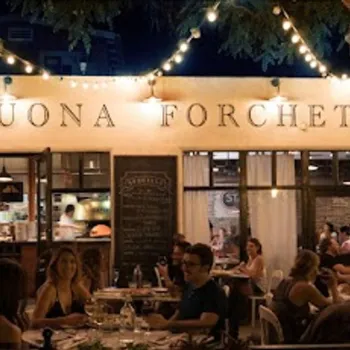 Outdoor diners sit at tables under string lights in front of a restaurant called "Buona Forchetta" during the evening.