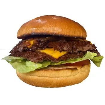 A cheeseburger with lettuce, tomato, cheddar cheese, and a beef patty in a toasted bun, viewed from the side on a white background.