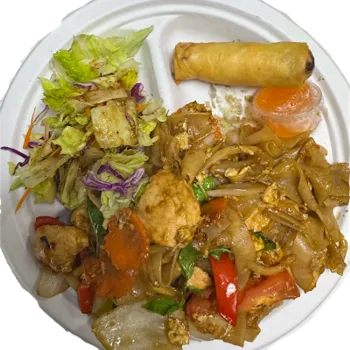A paper plate with stir-fried noodles, chicken, mixed vegetables, a green salad, a spring roll, and a small container of orange dipping sauce.