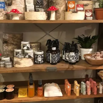Shelves display a variety of skincare and wellness products, including creams, sprays, balms, and soaps, arranged alongside decorative items like faux mushrooms and wooden stands.