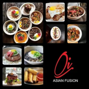 A collage of various Asian fusion dishes, including rice bowls topped with eggs, spring rolls with sauce, and a hamburger, alongside the Oi Asian Fusion logo.