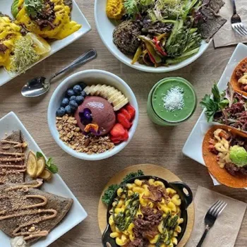 A table set with various vegan dishes, including smoothie bowls, salads, pasta, pancakes, and a green smoothie, photographed from above.