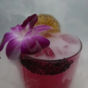 A pink cocktail with ice, a salted rim, a purple orchid flower, and a dried citrus slice, surrounded by wisps of smoke.