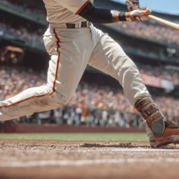 Baseball player in mid-swing at home plate during a game, with a crowd visible in the background.