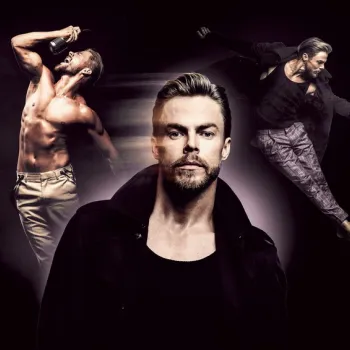 A man in a black coat stares ahead, with two dynamic images of him dancing in the background—one shirtless in beige pants, the other in a dark outfit mid-leap.