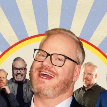 A man with light hair and glasses smiles in the center, surrounded by five smaller images of himself making various facial expressions, set against a sunburst background.