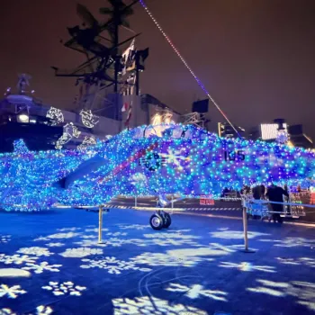 A fighter jet covered in bright blue and white holiday lights is displayed outdoors at night, with snowflake light projections on the ground.