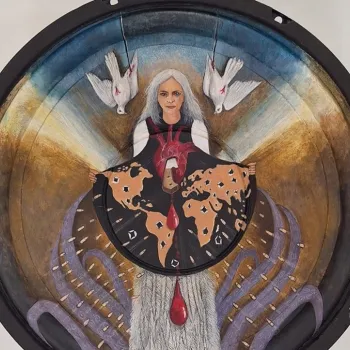 A woman with white hair stands at the center, holding a butterfly-shaped garment. White doves fly above her, and abstract tentacle shapes surround the lower part of the circular composition.