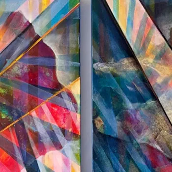 Abstract artwork featuring intersecting diagonal lines and vibrant, layered colors in shades of blue, red, yellow, and pink, divided into two panels.