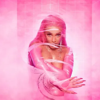 A woman in a pink latex outfit poses in a pink-tiled room surrounded by swirling pink mist or light effects.