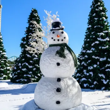 A snowman with a black hat, green scarf, and button features stands in front of snow-covered pine trees under a clear blue sky.