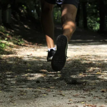Close-up of a person running on a sunlit forest path, focusing on their legs and shoes, with the background slightly out of focus.