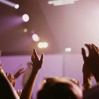 Crowd with raised hands at a concert or music event, with stage lights in the background and a performer visible on the right.