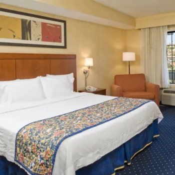 A hotel room with a king-size bed, armchair, desk, flat-screen TV, and a window with city view. Walls are light-colored with framed art above the bed.