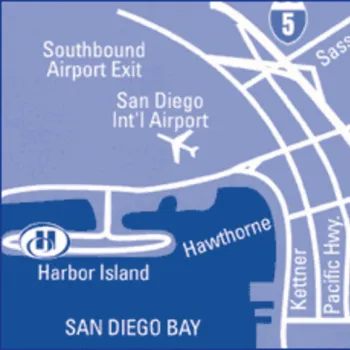 Map showing San Diego International Airport, major roads (I-5, Pacific Hwy), Harbor Island, and nearby exits including Sassafras, Laurel, and Hawthorne.