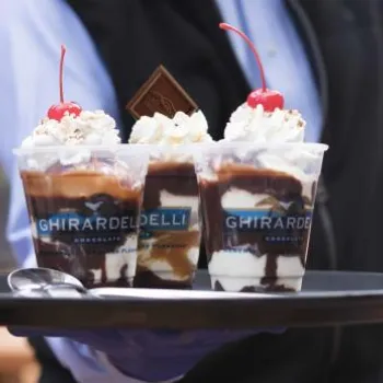A server holds a tray with three Ghirardelli ice cream sundaes topped with whipped cream, chocolate, and cherries, alongside a spoon.