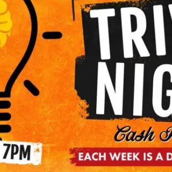 Yellow trivia night flyer with a lightbulb graphic, text reads: "TRIVIA NIGHT," "Thursdays 7PM," "Cash Prizes! Each week is a different theme.