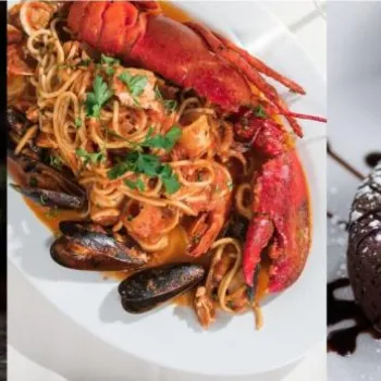 A cocktail with an orange slice, a seafood pasta dish with lobster and mussels, and a chocolate dessert with berries and powdered sugar.