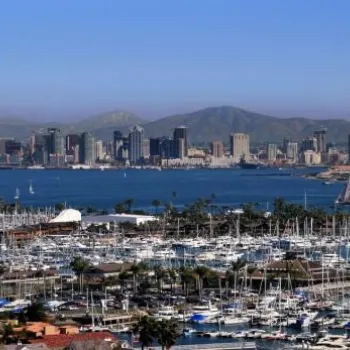 View of a marina filled with boats in the foreground, with a city skyline and mountains in the background under a clear blue sky.