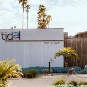 Modern building with a sign reading "tidal craft & catch," surrounded by palm trees and tropical landscaping, with a glimpse of water in the background.