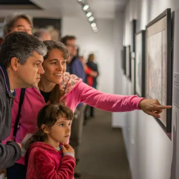 A family of three closely examines artwork on display in a gallery, with the woman pointing at an information plaque beside the framed pieces.
